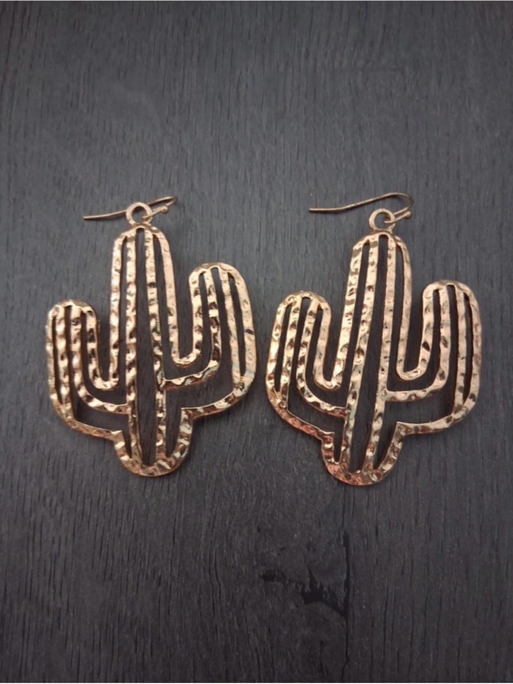 Gold tone hammered large cactus earrings